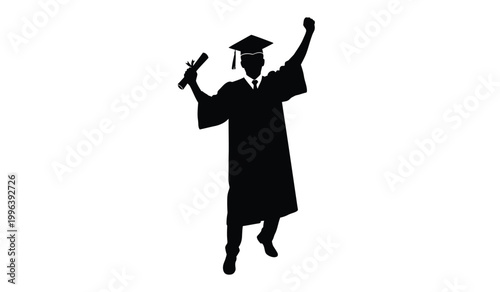 A jubilant graduate clad in a cap and gown celebrates success with a triumphant pose and diploma in hand silhouette high quality professional detailed