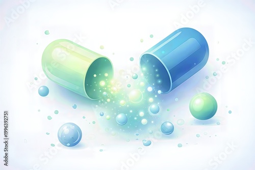Colorful capsules spill out small spheres in a bright setting