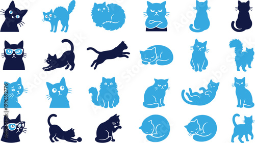 Cute cat icons in blue, various cat expressions and poses, feline friends, playful pets, domestic animals.