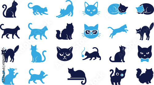 Cat icons set in blue, playful felines, domestic animals, different poses and emotions, cute pets.