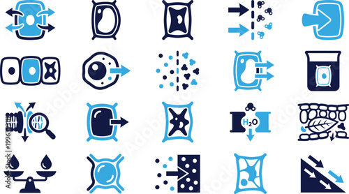 Icons depicting plant cell biology processes osmosis diffusion turgor pressure and plasmolysis.