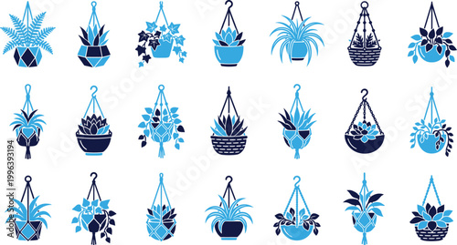 Collection of hanging potted plants and succulents with macrame hangers and geometric pots.