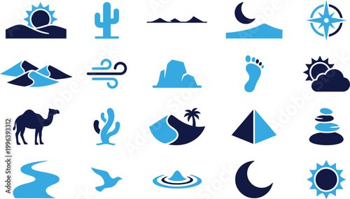 Desert landscape elements including sun moon dunes camel pyramid bird and oasis.