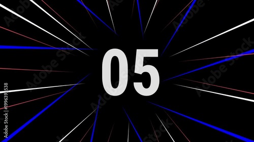 Dynamic ten second countdown with blue, red and white anime-style speed lines on a black background for high-energy video intros.