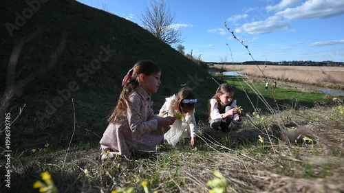 Three Happy Young Girls Picking Wild Yellow Flowers in a Sunny Meadow by a River, Enjoying Nature on a Beautiful Spring Day