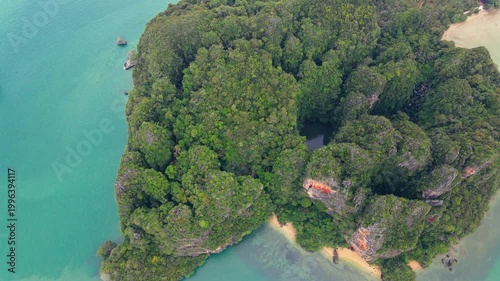 Gorgeous View Of Remote Tropical Island. Spectacular Aerial Perspective Of Isolated Island And Vibrant Sea