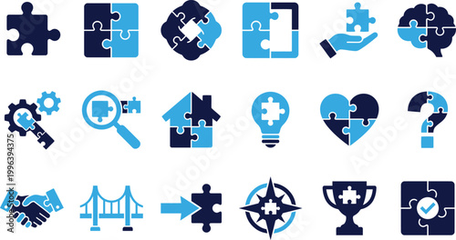 Set of puzzle problem solving and teamwork symbols flat vector illustrations collection.