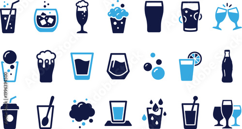 Collection of beverage and drink icons in blue and dark blue color palette.
