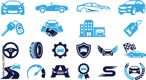 Set of car and automotive icons including vehicles, keys, steering wheel, tires, and race flag.