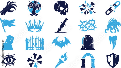 Collection of fantasy and horror icons in blue and dark blue color palette.