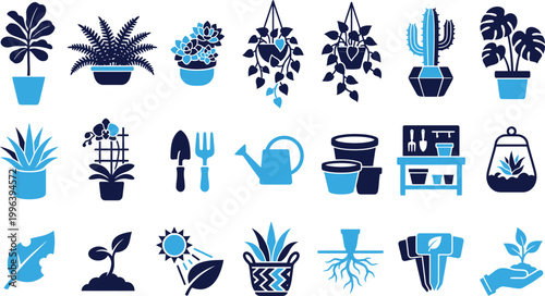 Set of blue and dark blue plant icons for gardening and houseplants collection.