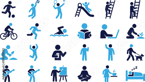Collection of blue and dark blue icons representing people and everyday activities.