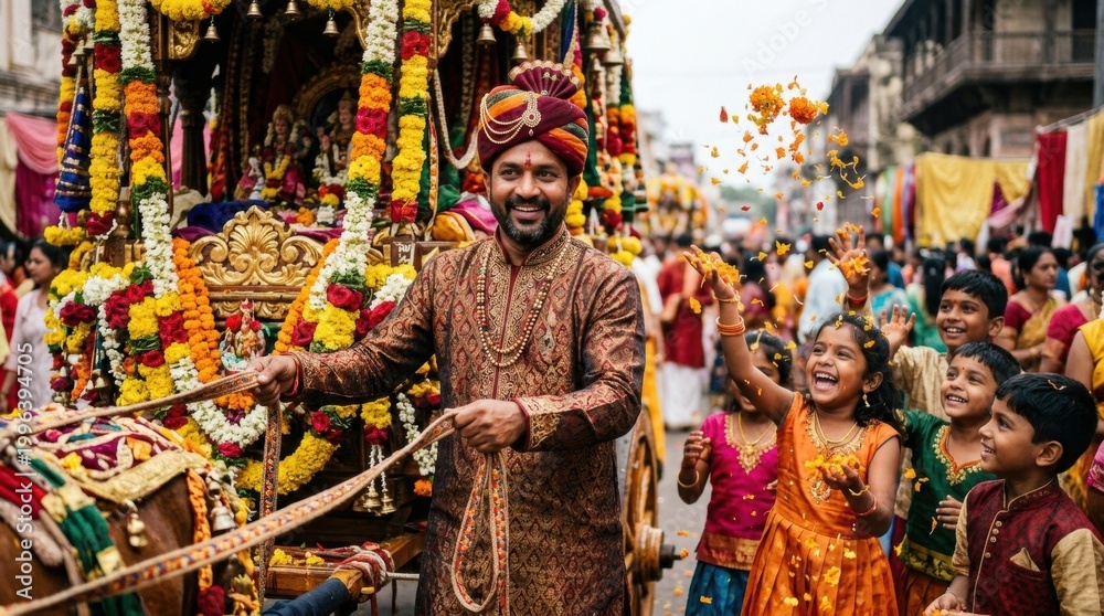 Fototapeta premium Man in ornate traditional attire leading decorated chariot while children throw flower petals during festival parade for poster and banner design