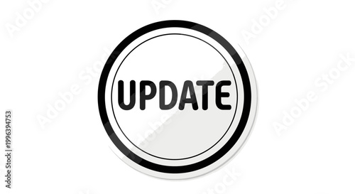 Bold Black Sans-Serif UPDATE Text in Simple Circular Button with Subtle Shadow, Isolated White Background