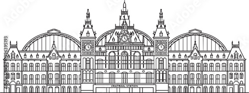 Amsterdam Central Station Architecture Illustration with Building Silhouettes