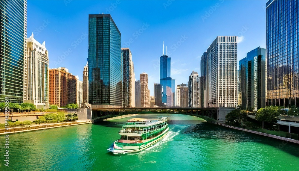 Fototapeta premium chicago river green dyeing a vibrant riverboat cruises down chicago s iconic green river during the st patrick s day celebration the city s skyscrapers create a stunning backdrop