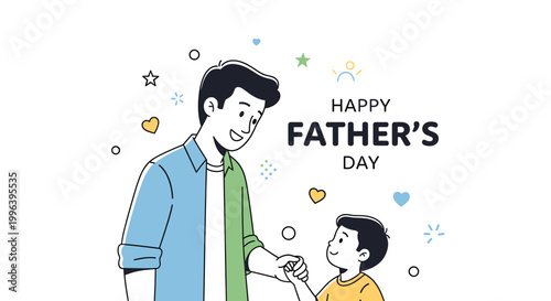 A heartwarming illustration of a father and son holding hands, celebrating Father's Day with a joyful expression.