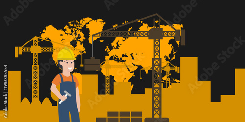2026-04-24 042032.png.mp4
Construction worker with hard hat and hammer standing before cranes, world map and city skyline on black and yellow background, global industry and infrastructure development
