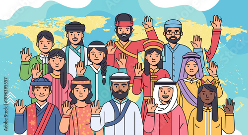 Diverse group of people from different cultures and ethnicities waving, with a world map in the background, symbolizing global unity and multiculturalism.