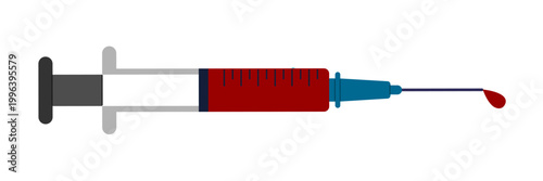 Horizontal medical syringe filled with red liquid and a blood drop on white background, clean healthcare illustration for vaccination, injection, laboratory testing and immunization themes