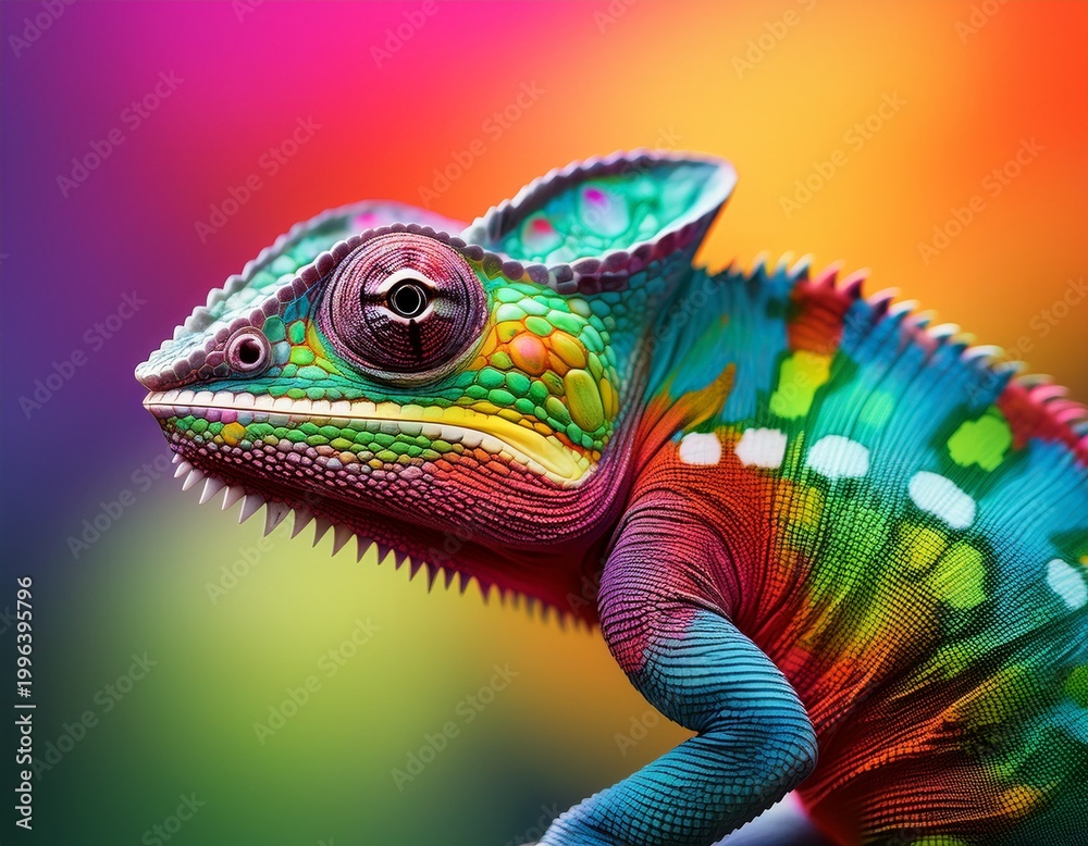 Obraz premium colorful chameleon on blurred background n vibrant banner or header design with a multicolored chameleon and soft gradient backdrop modern and eye catching