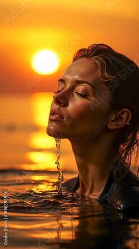A woman in the water with her eyes closed and a sunset in the background