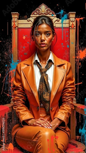 A woman sitting on a throne wearing a brown leather jacket and tie