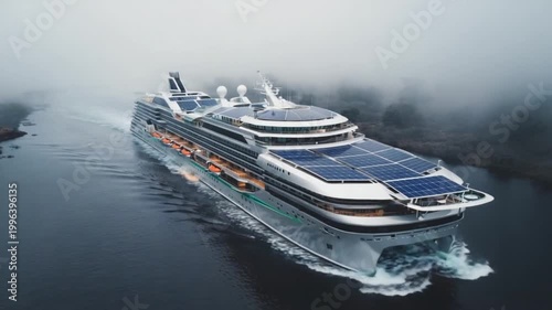 Luxury cruise ship sailing through calm foggy waters at dawn with modern design and multiple decks