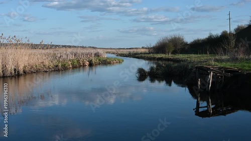 A Serene River Meanders Peacefully Through a Picturesque Natural Landscape, Flanked by Golden Reeds and Lush Greenery, with a Clear Blue Sky and White Clouds Perfectly Reflecting on its Calm Surface