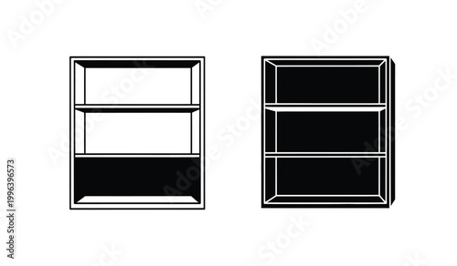 Two minimalist black and white illustrations depict empty wall mounted bookshelves offering a stark contrast and clean design silhouette high quality professional detailed modern