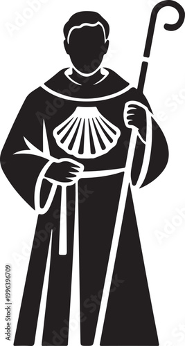 Silhouette of Saint James holding a pilgrim staff and shell
