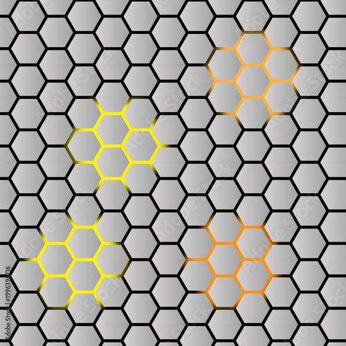 Modern abstract honeycomb pattern with illuminated yellow and orange cells vector illustration