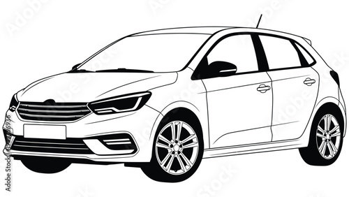 Outline drawing of a modern hatchback car from the front three-quarter view with black and white, city car