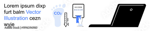 Sustainability awareness, technological innovation, digital data, carbon neutrality, ecological impact, online processes. Carbon footprint symbol, QR code scanner laptop. Sustainability