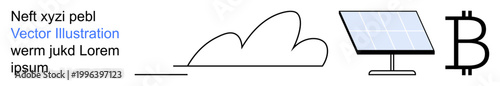 Renewable energy, cryptocurrency, cloud computing, digital assets, clean energy, modern technology. Minimal s of a cloud, solar panel and Bitcoin symbol. Renewable energy and cryptocurrency concepts