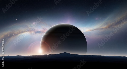 Breathtaking cosmic dawn on an alien world, featuring a majestic planetary eclipse casting dramatic shadows across a distant, star-filled universe