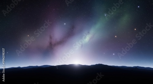 Cosmic Sunrise Over Distant Horizon A Vibrant Nebula Ignites the Dawn Sky