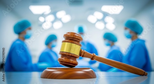 Wooden gavel on desk with blurred medical team in surgical scrubs in hospital background for malpractice law concept
