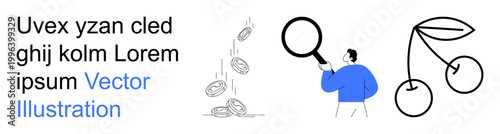 Financial analysis, investment, minimalism, business growth, food concepts, creative design. Person examining details, falling coins and cherry shapes. Financial analysis and investment