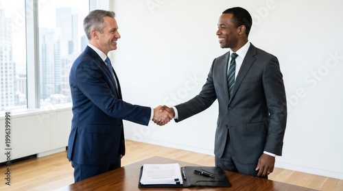 Two businessmen shaking hands beside contract folder on office table