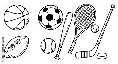 Various sports equipment line icons collection including basketball, soccer ball, tennis racket, and hockey stick on an isolated white background.