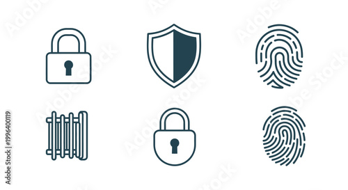 Security and Protection Outline Icons Set with Padlock, Shield, and Fingerprint on Light Gray Background