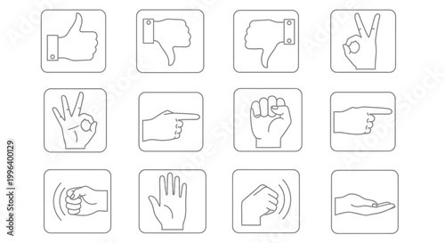 Human Hand Gestures Outline Icons Set with Thumbs Up and OK Sign on Light Gray Background