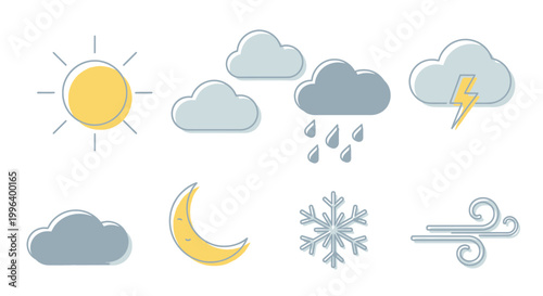 Weather Conditions Outline Icons Set with Sun, Clouds, Rain, and Snow on Light Blue Background