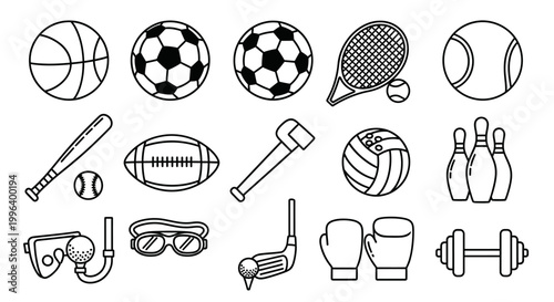 Sports Equipment Outline Icons Set on Isolated White Background