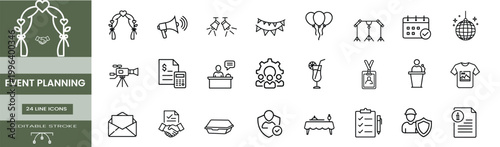 Event planning line icons set wedding arch megaphone stage lights teamwork catering schedule guest list party celebration & more vector illustration with editable stroke.