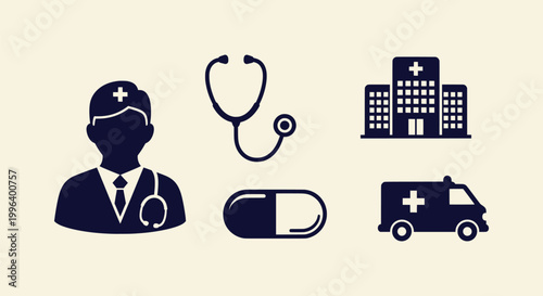 Flat Medical Service Vector Icons Pack with Doctor Stethoscope Ambulance Pill and Hospital Sign