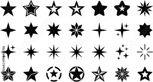 Minimalist Star and Sparkle Icons Set Black Silhouette Geometric Shapes Flat Vector