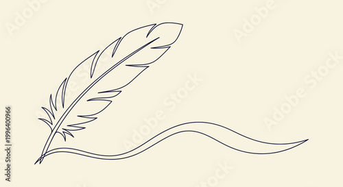 Elegant Minimalist One Line Drawing of a Quill Feather with Ink Trail for Writing and Stationery.
