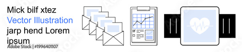 Data management, digital trends, healthcare monitoring, modern communication, professional productivity, business analytics. Envelope icons, clipboard with metrics smartwatch with heart symbol. Data